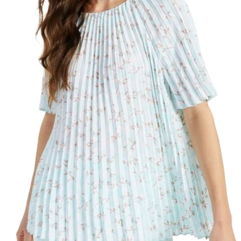 Alfani Womens Blouse Size Large Pleated Floral Bloom Print Short Sleeve